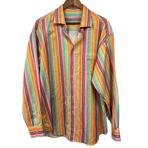 Bugatchi Uomo Dress Shirt Size XL Button Up Multicolor Stripe Rainbow Cotton